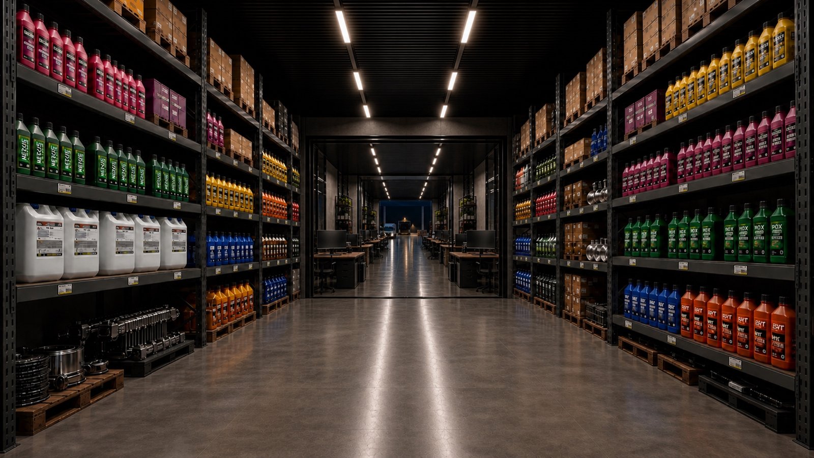 Estoque industrial da TRIENA com o setor de vendas visível pelo portal central