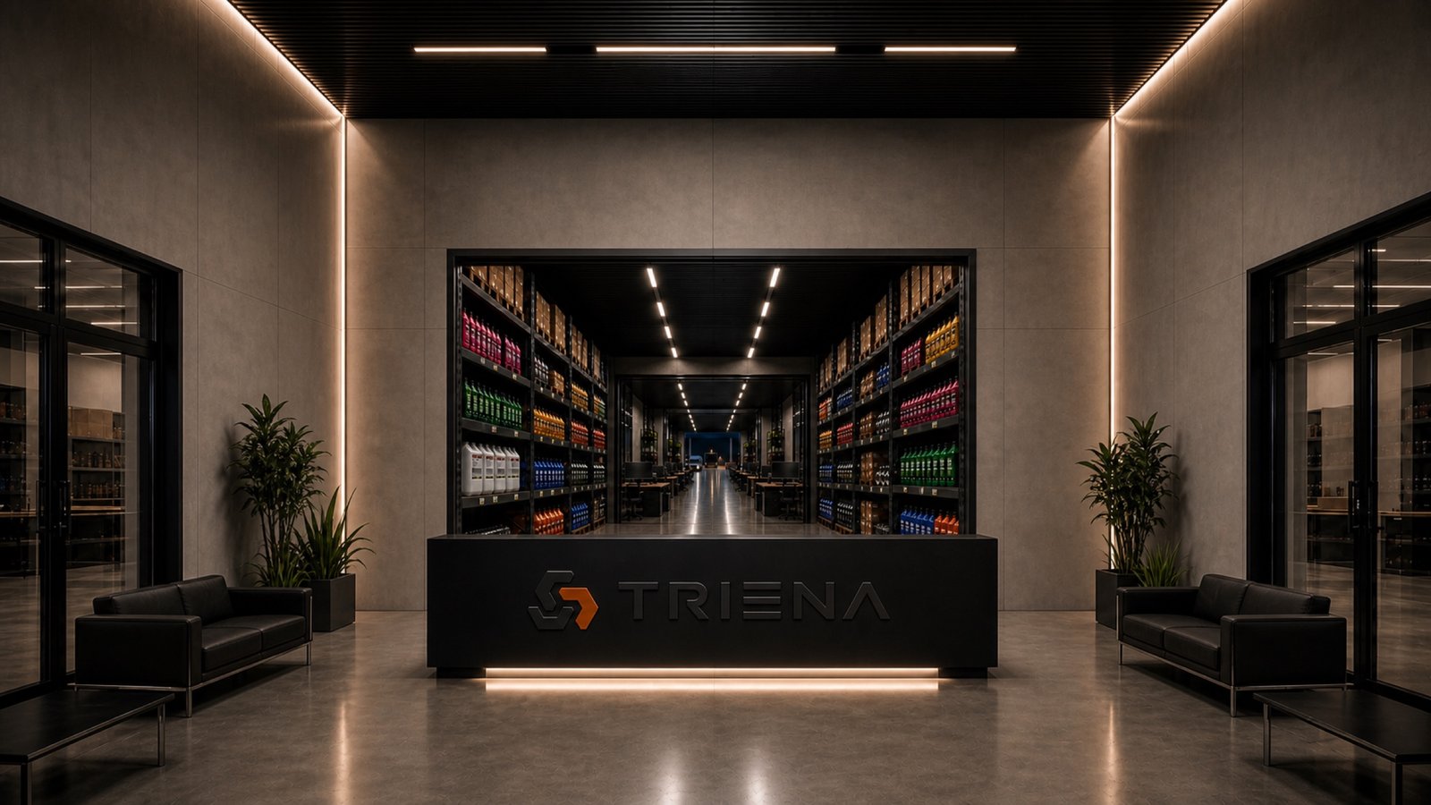 Recepção completa da TRIENA com o estoque visível somente através do portal ao fundo